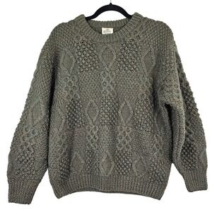 Bonner of Ireland Handknit Wool Aran Sweater Men's Olive Green Diamond Popcorn L